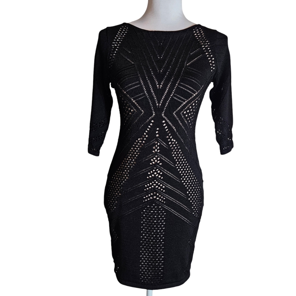 Calvin Klein Black Illusion Lace Bodycon Dress Size Petite Medium Geometric - Picture 3 of 16
